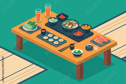 A bustling Japanese izakaya table overflowing with small plates of delicious food, drinks, and vibrant atmosphere.