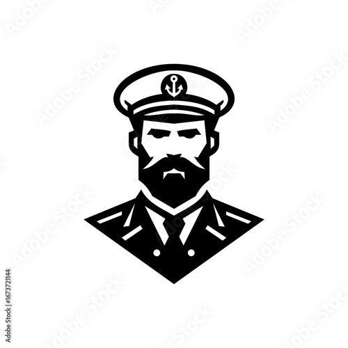 Black and white vector illustration of a stern sea captain with beard, wearing a naval uniform and peaked cap featuring an anchor symbol