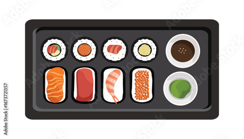 Sushi Platter A Delicious Assortment of Maki Rolls and Nigiri. Japanese dish. Wasabi sushi. Soy sauce.