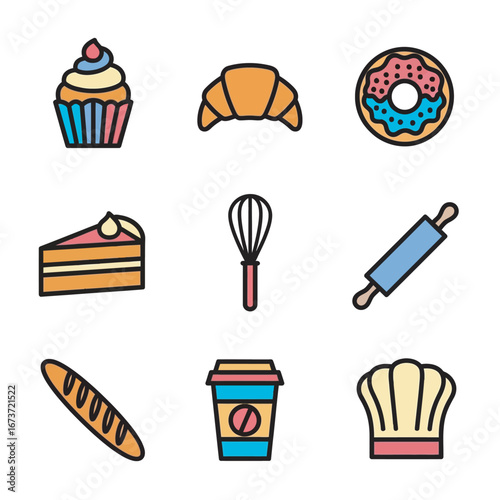 Bakery icons showcase desserts and equipment on white background