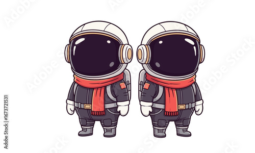 A pair of adorable, round-bodied cartoon astronauts, both wearing space suits with a red scarf and backpacks, presented in a friendly, symmetrical style.