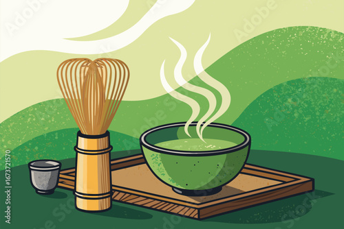 Traditional Japanese matcha tea ceremony, serene ritual, whisking vibrant green matcha powder in ceramic bowl, elegant preparation, peaceful atmosphere.