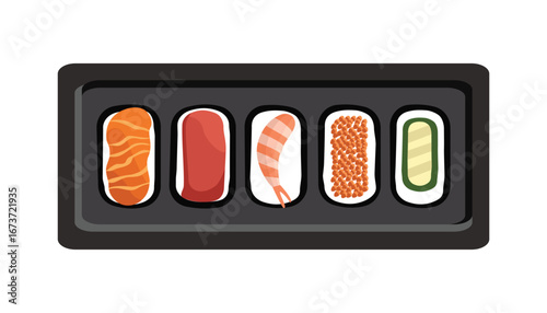 Assortment of sushi on a black tray, ready to be served. Asian food. Shrimp sushi. Sashimi. 