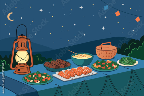 Intimate, warmly lit feast table; roasted kebabs, fluffy rice, crusty bread, illuminated by ambient lantern light, setting a cozy, inviting atmosphere.