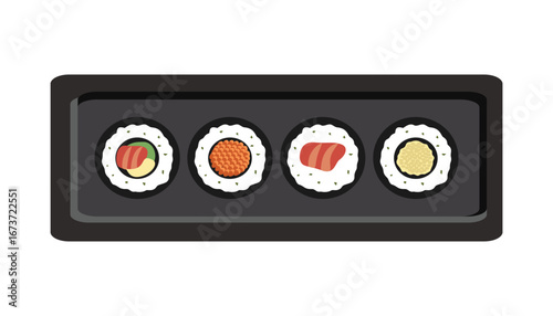 Sushi Rolls on Black Tray A Delicious Culinary Delight. Sashimi sushi. Salmon sushi. Asian food.