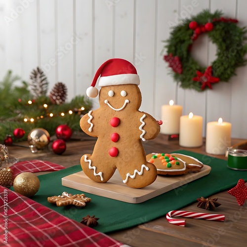 christmas gingerbread cookies on wooden background
