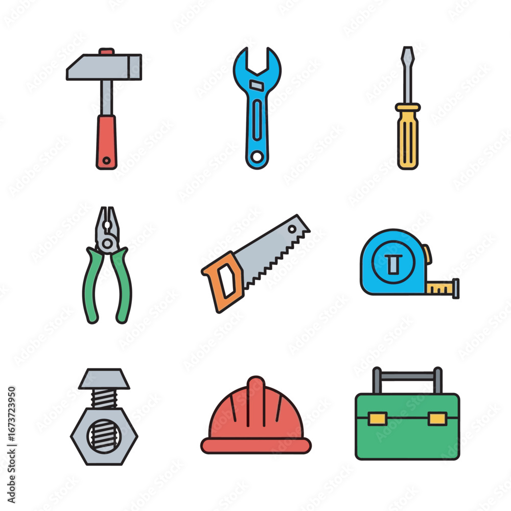 Fototapeta premium Assorted tools represent construction gear on a white background