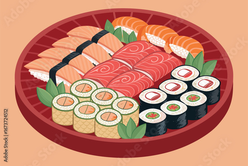 A visually stunning, expansive sushi platter showcasing glistening salmon, ruby red tuna, and plump shrimp, artfully arranged.