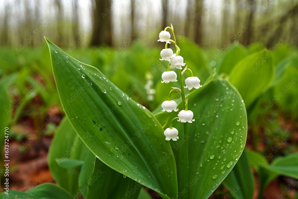 Obraz premium Lily of the Valley Flower in Misty Spring Forest Macro
