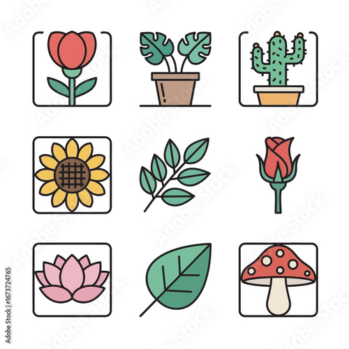 Diverse flora icons display botanical elements against white backdrop