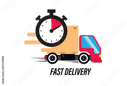 Online delivery service. Express delivery, quick move. Fast shipping truck for apps and websites. Shipping fast delivery truck with clock. 