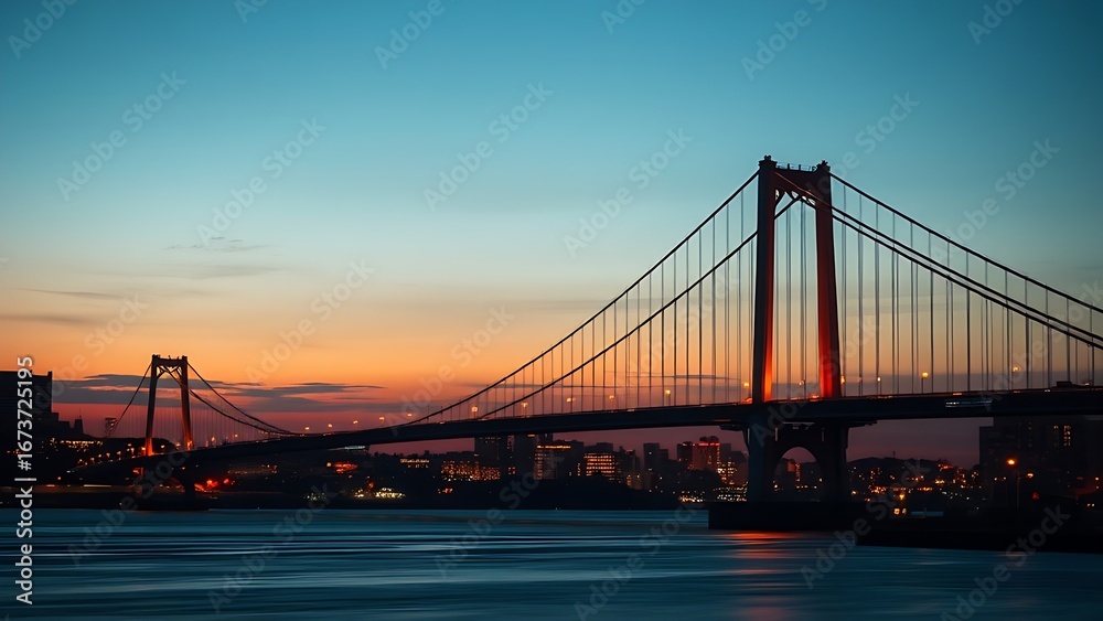 Fototapeta premium Silhouetted suspension bridge at dusk with city lights