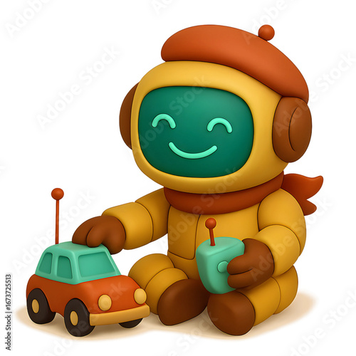 3D robot, sitting on the ground playing with a remote-controlled car