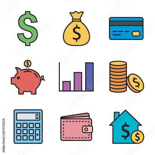 Financial icons represent wealth in business planning concept