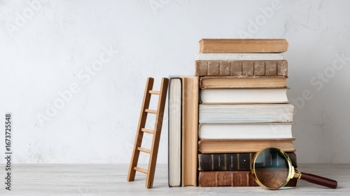 A stack of vintage books with a wooden ladder and a magnifying glass