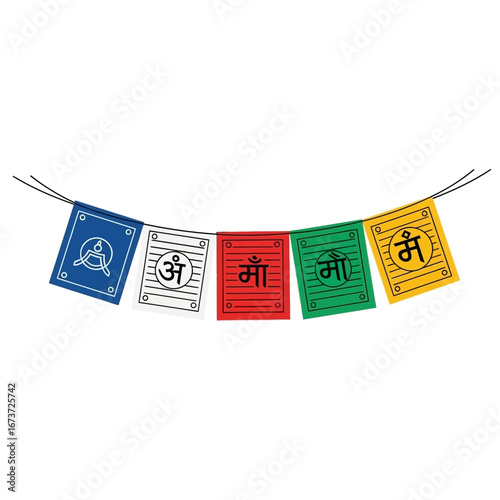 Colorful Tibetan Prayer Flags with Om Mani Padme Hum Mantra
