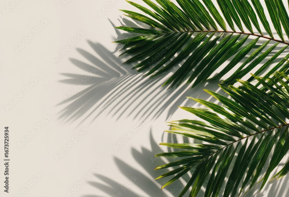 Fototapeta premium Palm leaves cast shadows on a light background