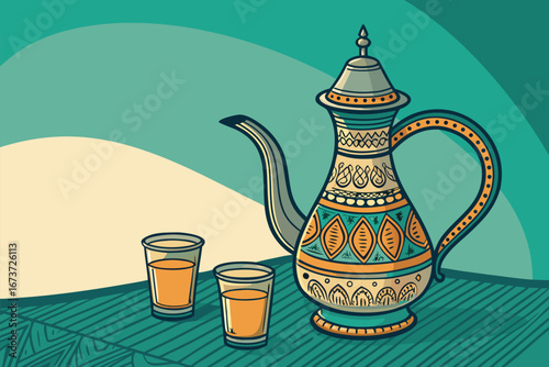 Luxurious Middle Eastern tea service with intricate teapot, delicate cups, and ornate tray, cultural hospitality.
