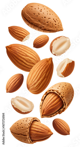 Shelled and unshelled almonds isolated on white background, healthy nuts close-up, perfect for food and nutrition projects
