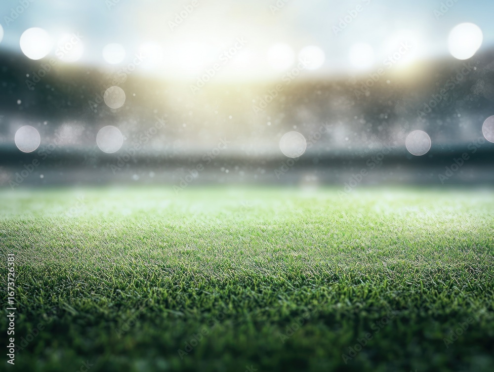 Naklejka premium Empty stadium field, vibrant green grass