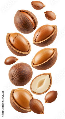 Shelled and unshelled argan nuts isolated on white background, useful for food, cosmetics, and natural health products