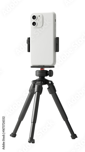 White smartphone mounted on a black tripod