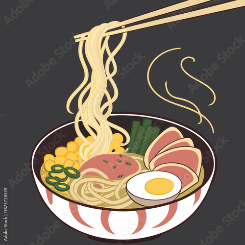 Savor the delicious aroma and vibrant flavors of authentic Japanese ramen, perfectly captured with steaming noodles and savory toppings, ideal for culinary promotions and restaurant menus.