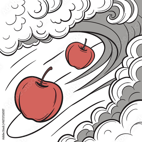 Dynamic red apples tumbling through stylized grey and white swirling clouds evoking movement and energy, perfect for health food branding or abstract concepts