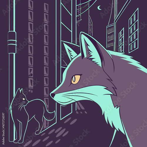 Mysterious feline encounters watchful fox amidst stylized urban night cityscape with subtle moon and architectural elements creating an intriguing nocturnal mood