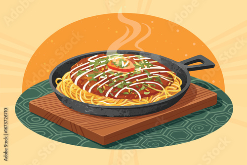 Savor the sizzling okonomiyaki, a Japanese savory pancake, served hot on a sizzling plate, showcasing its delicious ingredients.