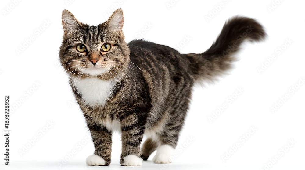 Obraz premium Playful tabby cat with striking green eyes and a fluffy tail, standing on a white background.