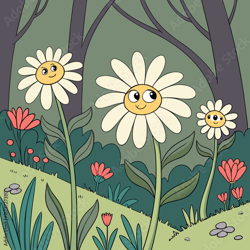 Whimsical daisies with happy faces bloom in a magical forest, bringing joy and wonder to any project with their charming and enchanting presence, perfect for children's themes and nature lovers.