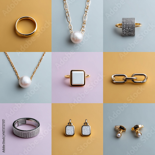 Minimalist Jewelry Pieces – Photorealistic 3x3 Grid Collection