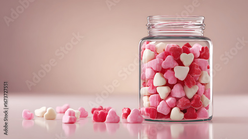 A clear glass jar filled with colorful heart candies, symbolizing sweetness and joy on Valentine’s Day.
