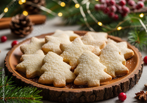 Delicious christmas sugar cookies in star and tree shapes on a wooden plate