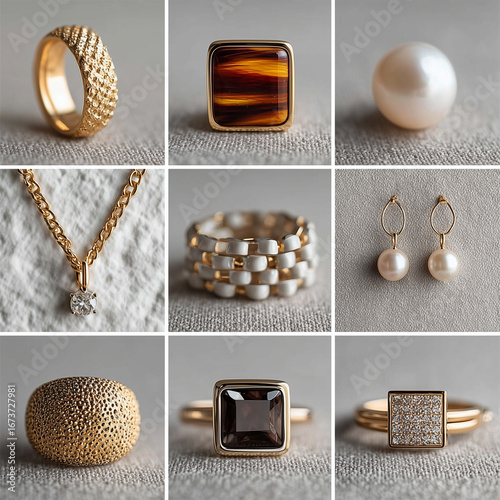 Minimalist Jewelry Pieces – Photorealistic 3x3 Grid Collection