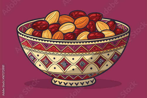 Ornate poster featuring intricate nut patterns and prominent decorative dates, visually captivating, vintage design aesthetic, rich textures, autumnal color palette, celebratory presentation.