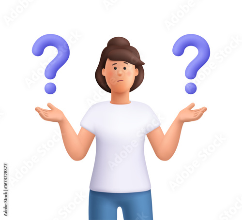 Confused woman Jane standing with shrugging with her arms to the sides and question marks. Choice, problem solving, decision making concept. 3d vector people character. Cartoon minimal style.