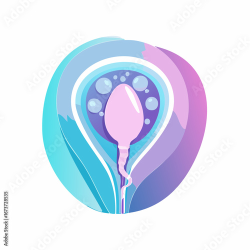 Abstract vector illustration of fertilization or early embryonic development, symbolizing new life and reproductive biology with flowing gradient shapes in violet and teal hues