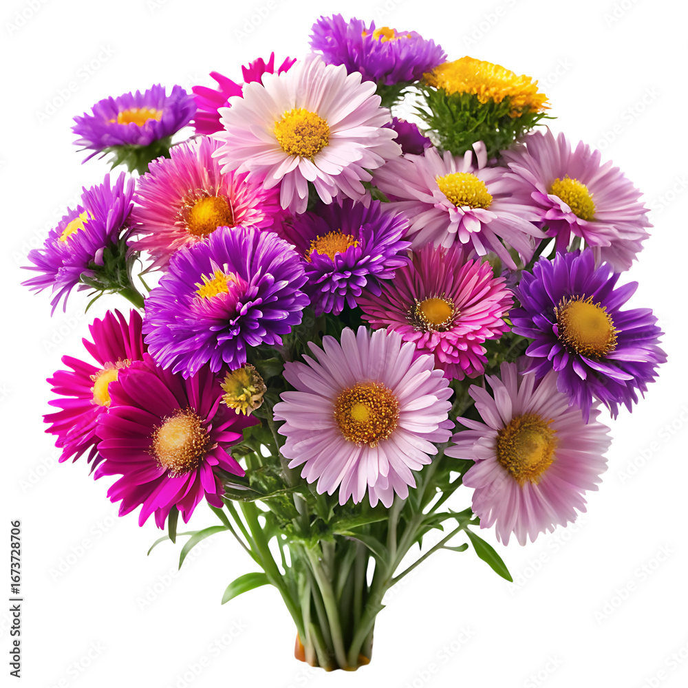 Fototapeta premium Beautiful bouquet of colorful asters with delicate petals isolated on transparent background