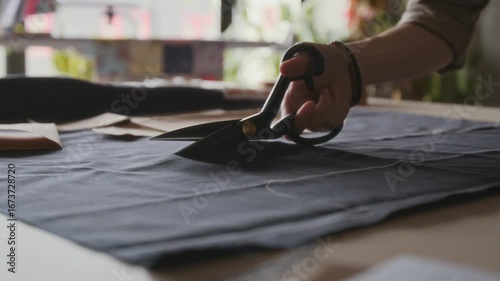 Close-up of hand of unrecognizable young female tailor carefully cutting black fabric with sharp scissors, with smooth precise movements, while working in couture fashion atelier