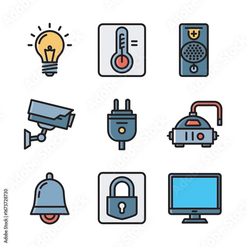 Icons display electronics security systems technology items