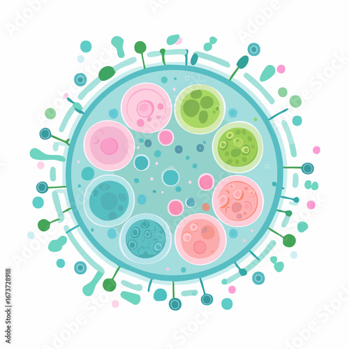 Abstract icon of a microscopic organism with circular cellular structures, rendered in a futuristic vector style, featuring a vibrant palette of cyan, pink, and green hues