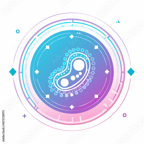 Scientific vector illustration of a single-cell organism or zygote in a futuristic circular frame. Abstract biology icon with a vibrant neon gradient