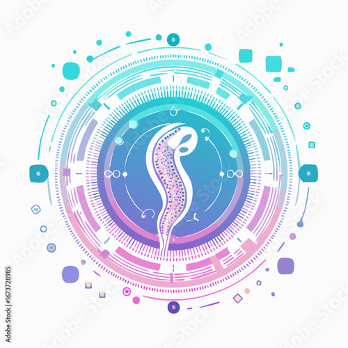 Abstract vector diagram of a stylized biological cell or microorganism, integrated into a dynamic digital network, presented with a soft, vibrant gradient color palette