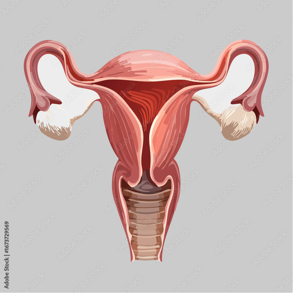Vector illustration of female reproductive anatomy uterus, ovaries. Modern medical style with gradient shading
