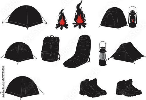 Camping and hiking gear silhouette set with tents, campfire, lantern, backpack, sleeping bag, and hiking boots for outdoor adventure design