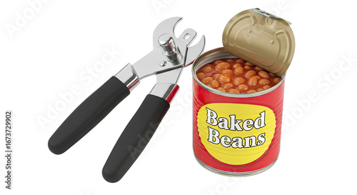 simple meal, stunning shot a can of baked beans and a classic can opener