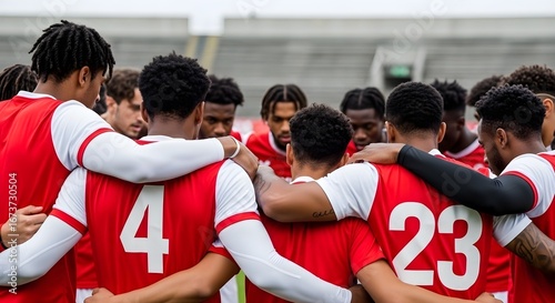 A soccer team huddles together  showing unity and support before the game begins.