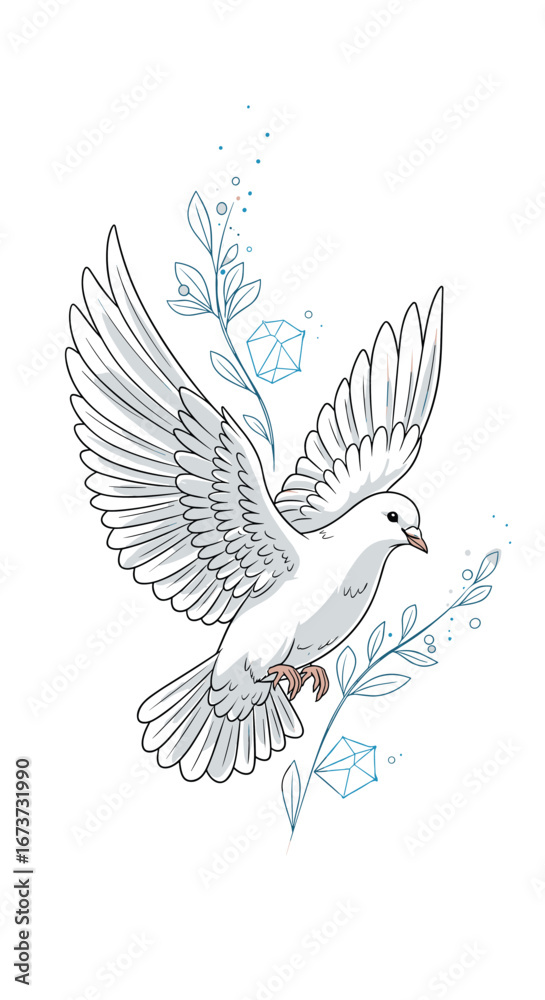 Fototapeta premium Graceful white dove with outstretched wings and delicate floral elements symbolizing peace and freedom